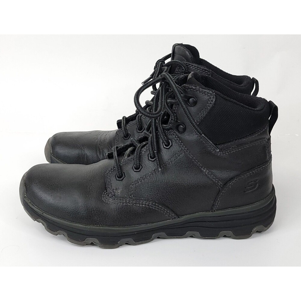 Skechers Mens Boots Size 7.5 Relaxed Fit Black Leather Lace-Up Shoes
